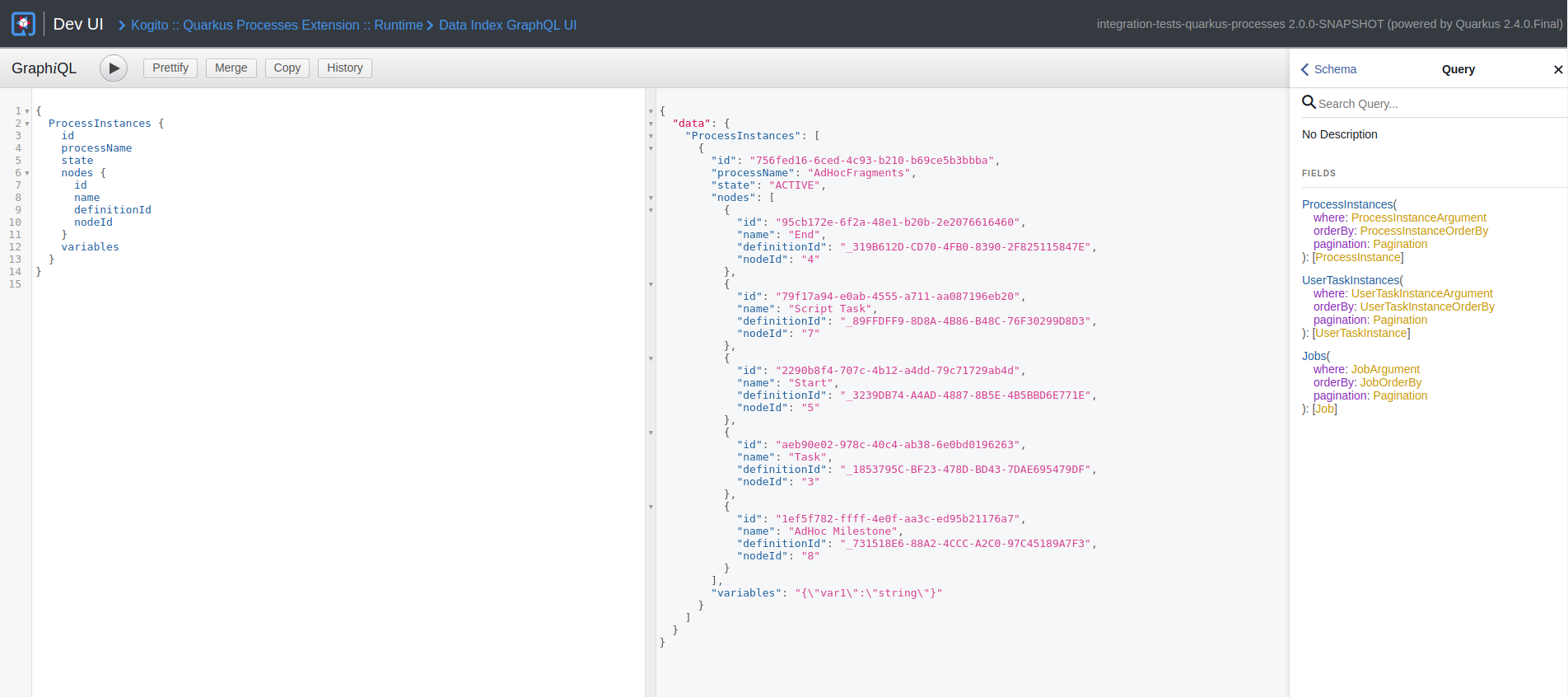 Dev UI Kogito Data Index GraphiQL